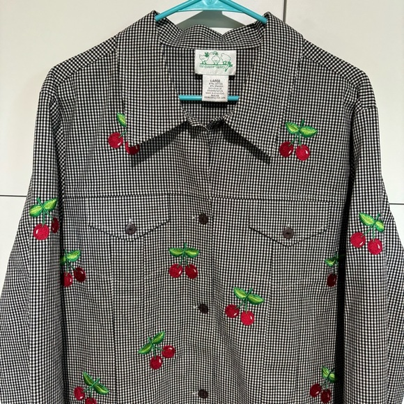 The Quacker Factory Jackets & Blazers - VTG Quacker Factory Womens Jacket Large Black White Gingham Button Cherry Preppy